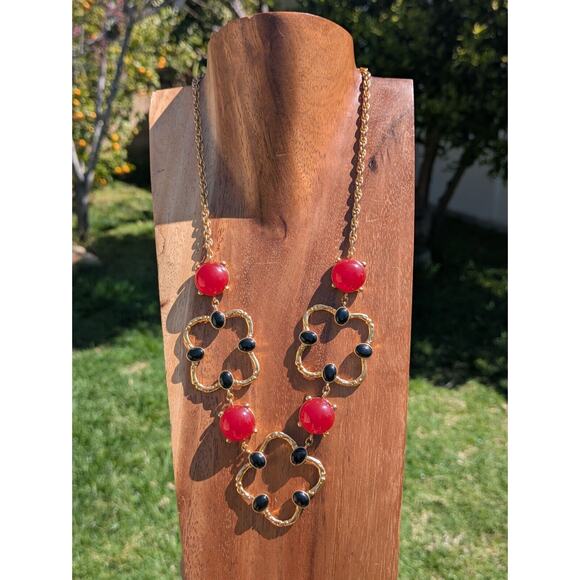 VTG Art Deco Coloured Black Red Beads Gold Tone Clover Statement Necklace Rare - Picture 2 of 12